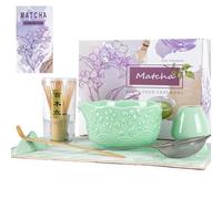 Matcha Whisk Set, Matcha Set 7 Pieces - Ceramic Matcha Bowl with Spout, Bamboo Chasen Whisk & Holder, Scoop, Sifter, Tea Towel - Complete Kit for Matcha Tea Ceremony, Latte, Ideal Gift(Green)