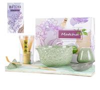 Matcha Whisk Set, Matcha Set 7 Pieces - Ceramic Matcha Bowl with Spout, Bamboo Chasen Whisk & Holder, Scoop, Sifter, Tea Towel - Complete Kit for Matcha Tea Ceremony, Latte, Ideal Gift(Mottled Green)