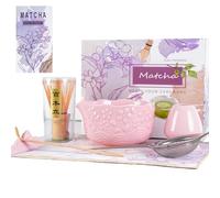 Matcha Whisk Set, Matcha Set 7 Pieces - Ceramic Matcha Bowl with Spout, Bamboo Chasen Whisk & Holder, Scoop, Sifter, Tea Towel - Complete Kit for Matcha Tea Ceremony, Latte, Ideal Gift（Pink）