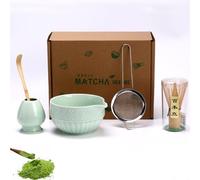 Matcha Whisk Set of 5 Includes Ceramic Bowl with Spout, Whisk, Whisk Holder, Scoop and Sifter, Matcha Kit with Relief Pattern Simple Texture for Friends Tea Lovers, Birthday, Christmas(Light Green)