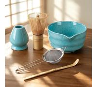 Matcha Whisk Set with Serene Blue Ceramic Bowl - All-in-One Matcha Starter Kit, Bamboo Whisk (Chasen), Whisk Holder, Matcha Powder Sifter, Scoop, Japanese Tea Ceremony Tools