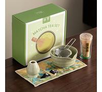 Matcha Whiskey Set, 7PCS Ceramic Matcha Mixer, Including Matcha Bowl, Matcha Whiskey & Stand, Spoon & Spoon Holder, Sieve & Tea Towel, Japanese & Song Dynasty Tea Ceremony Gift Box (Mottled Green)