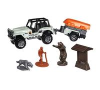 Matchbox Hitch & Haul Die-cast Vehicle Playset - Boating Bear Adventure ~ 6 Piece Set ~ Car CJ7 ~ Includes Trailer Trawler with Boat, Hiker, Bear, Wolf and Trailhead Sign