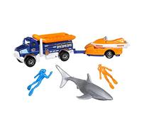 Matchbox Hitch & Haul Die-cast Vehicle Playset - Deep Sea Diver Shark Attack Rescue ~ 7 Piece Set ~ Rapids Rescue Truck with Detachable Raft Pulls Trailer with Jet Ski ~ Includes Shark and 2 Divers