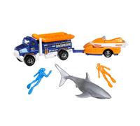 Matchbox Hitch & Haul Die-cast Vehicle Playset - Deep Sea Diver Shark Attack Rescue ~ 7 Piece Set ~ Rapids Rescue Truck with Detachable Raft Pulls Trailer with Jet Ski ~ Includes Shark and 2 Divers