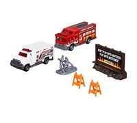 Matchbox Hitch & Haul Die-cast Vehicle Playset - Fire Rescue ~ 6 Piece Set ~ Hazmat Response Truck and Ambulance ~ Includes Firefighters, Billboard Sign and 2 Safety Barriers