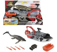 Matchbox Toy Car Playset Jurassic World 12.5 Dino Boat with 13 Mosasaurus Dinosaur 1:64 Die-Cast Jeep Harpoon Missiles & Detachable Rescue Boat