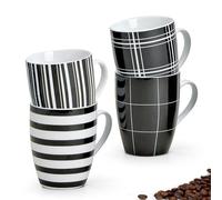 matches21 Coffee Mugs Coffee Cups with Eye-catching Black White Stripes and Checked Designs Porcelain Set of 4 10 cm 300 ml