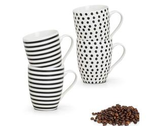 matches21 Cups Mugs coffeecups coffeemugs Stripes/dots Black/White Ceramics 4 Pieces Set Each 9 cm 280 ml