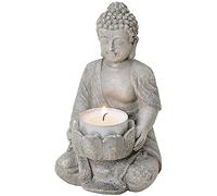 matches21 Relaxed Buddha Decorative Figure in Grey Sitting - Buddha Figure Garden and Decoration Living Room with Tea Light Holder - Buddha Figure Small 14 cm