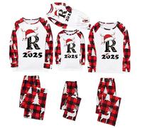 Matching Christmas Pjs for Family 2025 A-Z Letter Print Xmas Pyjamas Set Cute Vacation Holiday Plaid Nightwear Loungewear, Red-R, L