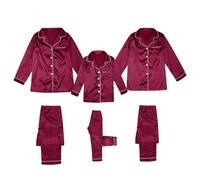 Matching Christmas Pyjamas Sets for Family Silk Satin Button Down Sleepwear Winter Comfy Soft Nightwear Plain Xmas Loungewear for Women Men Kids Wine