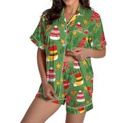 Matching Christmas Pyjamas Womens Warm Sleepwear Women Pajamas Graphic Printed Silk Satin Cute Sleepwear Buttons Short Sleeve Tops Shorts Sets Women Short Outfits (Green, M)