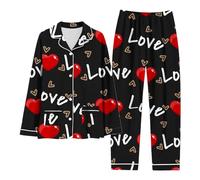 Matching Christmas Pyjamas Womens Warm Sleepwear Women's Valentine's Day Love Letter Printing Fashion Casual Button Pocket Long Sleeved Pants Set Striped Clothe (Black, M)