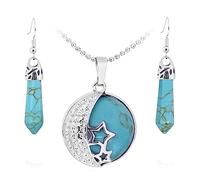 Matching Jewellery Gift Set For Women - Silver Moon & Stars Necklace & Drop Earrings - Real Natural Crystal Quartz Gemstone Pendant For Ladies - With Gift Box (Turquoise Howlite)