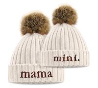 Matching Mini & Mama Faux Fur Pom Pom Beanie Chunky Knit Hat for Mothers and Daughter Outfit of The Day, Oatmeal