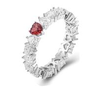 Matching Promise Rings, Mothers Ring 9K White Gold Heart with Lab Created Ruby and Moissanite Size M 1/2