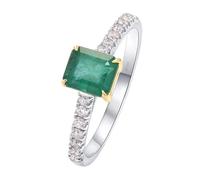 Matching Ring, Mothers Ring for Women 4 Claws Rectangle Shaped with 0.5ct Emerald and Diamond Silver Green 14K White Gold Size I 1/2