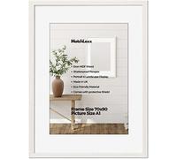 MatchLexx® Large Wide White | 70 x 90 cm Poster Frame With White Mount A1 | Wooden Picture Frame & Polished Plexiglass | For Photos, Pictures, Canvas, Painting Portrait & Landscape