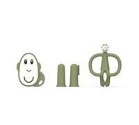 Matchstick Monkey, Antimicrobial Teething Starter Set - 1 Flat Face Teether, 1 Animal Teether, 2 Silicone Finger Toothbrushes, 3 Months Old+, Olive