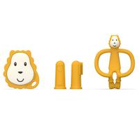 Matchstick Monkey, Antimicrobial Teething Starter Set - 1 Flat Face Teether, 1 Animal Teether, 2 Silicone Finger Toothbrushes, 3 Months Old+, Ludo Lion