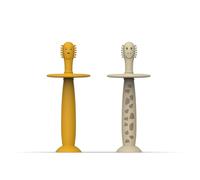 Matchstick Monkey Training Toothbrush with Stopper, for Independent Brushing, Easy to Grip Soft Silicone Handle, Antimicrobial Protection, 3 Months +, Lion & Giraffe