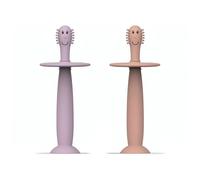 Matchstick Monkey Training Toothbrush with Stopper, for Independent Brushing, Easy to Grip Soft Silicone Handle, Antimicrobial Protection, 3 Months +, Dusty Pink & Lilac