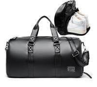 MATE ELAN Black Leather Duffle Travel Gym Bag Men's leather Bag with Shoe Compartment, Black, Large Upgrade A, Black Leather Weekender Travel Gym Duffle Bag