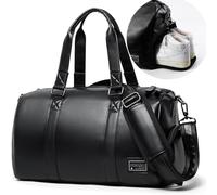 MATE ELAN Black Leather Duffle Travel Gym Bag Men's leather Bag with Shoe Compartment, Black, Middle Upgrade A, Black Leather Weekender Travel Gym Duffle Bag