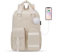 MATEIN Cute Backpack 15.6 Inch, Corduroy Backpack with USB Charging Port, Fluffy Girls School Bag, Lightweight Laptop Rucksack for Women, Student, Teen, Beige