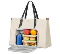 MATEIN Laptop Bags for Women with Insulated Leakproof Lunch Compartment, 15.6 Inch PU Leather Briefcase, Laptop Tote Work Bag with an Adjustable Handle, Designer Handbag for School, Office, Beige