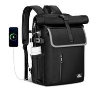 MATEIN Roll Top Backpack 17 Inch, Anti Theft Laptop Backpacks with AirTag and RFID, Water Resistant Travel Rucksack with USB Charging Port, 90° Zipper Opening School Rucksack for Men and Women, Black