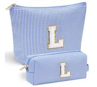 Mateju 2Pcs Blue Letters Makeup Bag, Large Capacity Toiletry Bag Travel Makeup Bag, Portable Pouch Organizer for Students, Modern Case Toiletries Storage Bag Beauty Makeup (L)