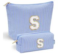 Mateju 2Pcs Blue Letters Makeup Bag, Large Capacity Toiletry Bag Travel Makeup Bag, Portable Pouch Organizer for Students, Modern Case Toiletries Storage Bag Beauty Makeup (S)