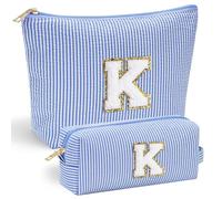 Mateju 2Pcs Blue Letters Makeup Bag, Large Capacity Toiletry Bag Travel Makeup Bag, Portable Pouch Organizer for Students, Modern Case Toiletries Storage Bag Beauty Makeup (K)