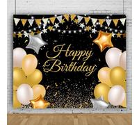 Mateju Backdrop Happy Birthday Balloon Decoration Photography Background Party Banner Suplies Photo Vinyl Backdrop, Video Live Streaming Photo Studio Props Home Decor (10x6.5 FT,Gold)