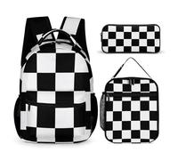 Mateju Checkerboard Texture School Bag, Lightweight Backpack,3 in 1 School Bags for Girls Boys,Kids Backpack with Lunch Box and Pencil Case,for Sports Holiday Teenagers Rucksack (Black White)