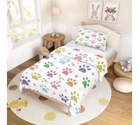 Mateju Cute Paw Print Kids Duvet Cover Set 120x140cm, Soft Microfiber Toddler Bedding Set with Pillowcase, Cartoon Dog Paw & Bone Pattern Quilt Cover for Children Bedroom Decor (Colorful)