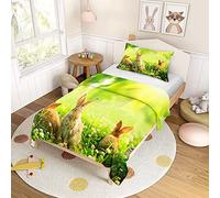 Mateju Kids Duvet Cover Set Single Bedding Set 2 Piece, Boys Girls Easter Bunny Printed Soft Microfiber Bedding 100X135cm Quilt Cover With Matching Pillow Case 40x60cm (Flower Bunny)