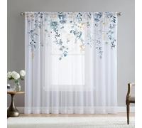 Mateju Net Curtains for Windows with 3D Flowers, 2 Panels Sheer Voile Curtain Nets for Windows, Voile Panel Bedroom Living Room Kitchen (Blue Flower,108 x 160 cm)