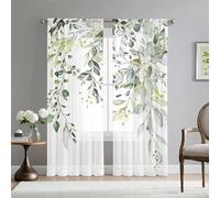 Mateju Net Curtains for Windows with 3D Greenery, 2 Panels Sheer Voile Curtain Nets for Windows, Voile Panel Decorative Bedroom Living Room Kitchen (Flowers leaves,W 52'' x L 90'')