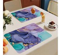 Mateju PVC Place Mats for Table, Marble Stone Grain Placemats Set of 2/4/6, 30x45cm Dinner/Dining Table Mats Waterproof Oilproof Non-Stain Heat Resistant Leather Placemat (Purple + Green,4 Pieces)