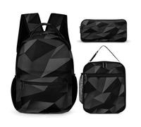 Mateju School Bag, Black Geometry Lightweight Backpack, 3 in 1 School Bags for Girls Boys, Kids Backpack with Lunch Box & Pencil Case for Sports Travel Holiday Teenagers Rucksack (Black 5,one Size)