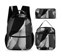 Mateju School Bag, Black Geometry Lightweight Backpack, 3 in 1 School Bags for Girls Boys, Kids Backpack with Lunch Box & Pencil Case for Sports Travel Holiday Teenagers Rucksack (Black 1,one Size)