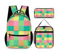 Mateju School Bag Checkerboard Print Kids Backpack, 3 in 1School Bags for Girls with Lunch Bag and Pencil Case Boys Backpack,for School Sports Travel Holiday Teenagers School Bags (Colorful)