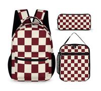 Mateju School Bag Checkerboard Print Kids Backpack, 3 in 1School Bags for Girls with Lunch Bag and Pencil Case Boys Backpack,for School Sports Travel Holiday Teenagers School Bags (Dark red)