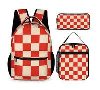 Mateju School Bag Checkerboard Print Kids Backpack, 3 in 1School Bags for Girls with Lunch Bag and Pencil Case Boys Backpack,for School Sports Travel Holiday Teenagers School Bags (Red)