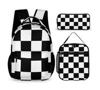 Mateju School Bag Checkerboard Print Kids Backpack, 3 in 1School Bags for Girls with Lunch Bag and Pencil Case Boys Backpack,for School Sports Travel Holiday Teenagers School Bags (Black)