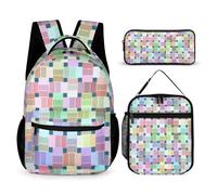 Mateju School Bag Checkerboard Print Kids Backpack, 3 in 1School Bags for Girls with Lunch Bag and Pencil Case Boys Backpack,for School Sports Travel Holiday Teenagers School Bags (Rainbow)