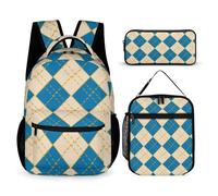 Mateju School Bag Checkerboard Print Kids Backpack, 3 in 1School Bags for Girls with Lunch Bag and Pencil Case Boys Backpack,for School Sports Travel Holiday Teenagers School Bags (Blue)